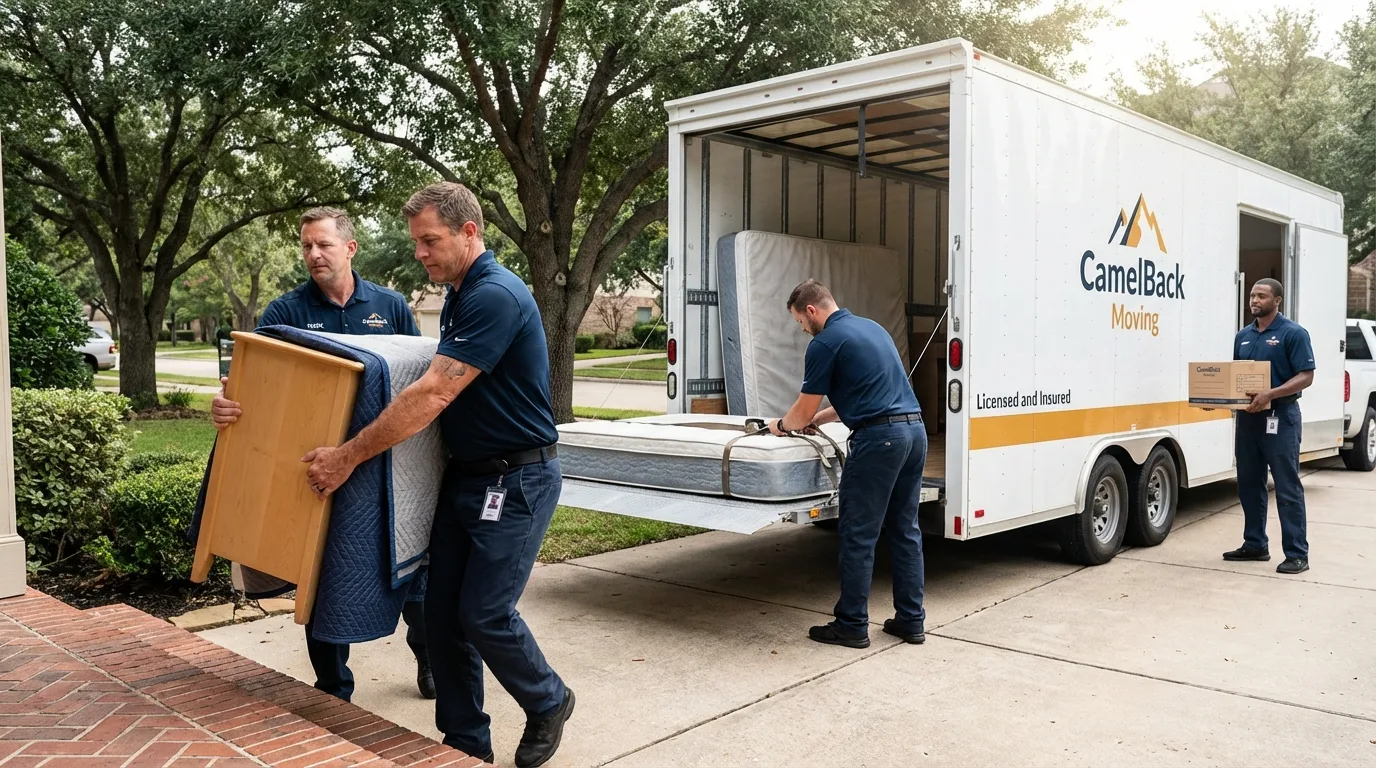 Crew loading residential truck for cross-state move from Okemah, OK