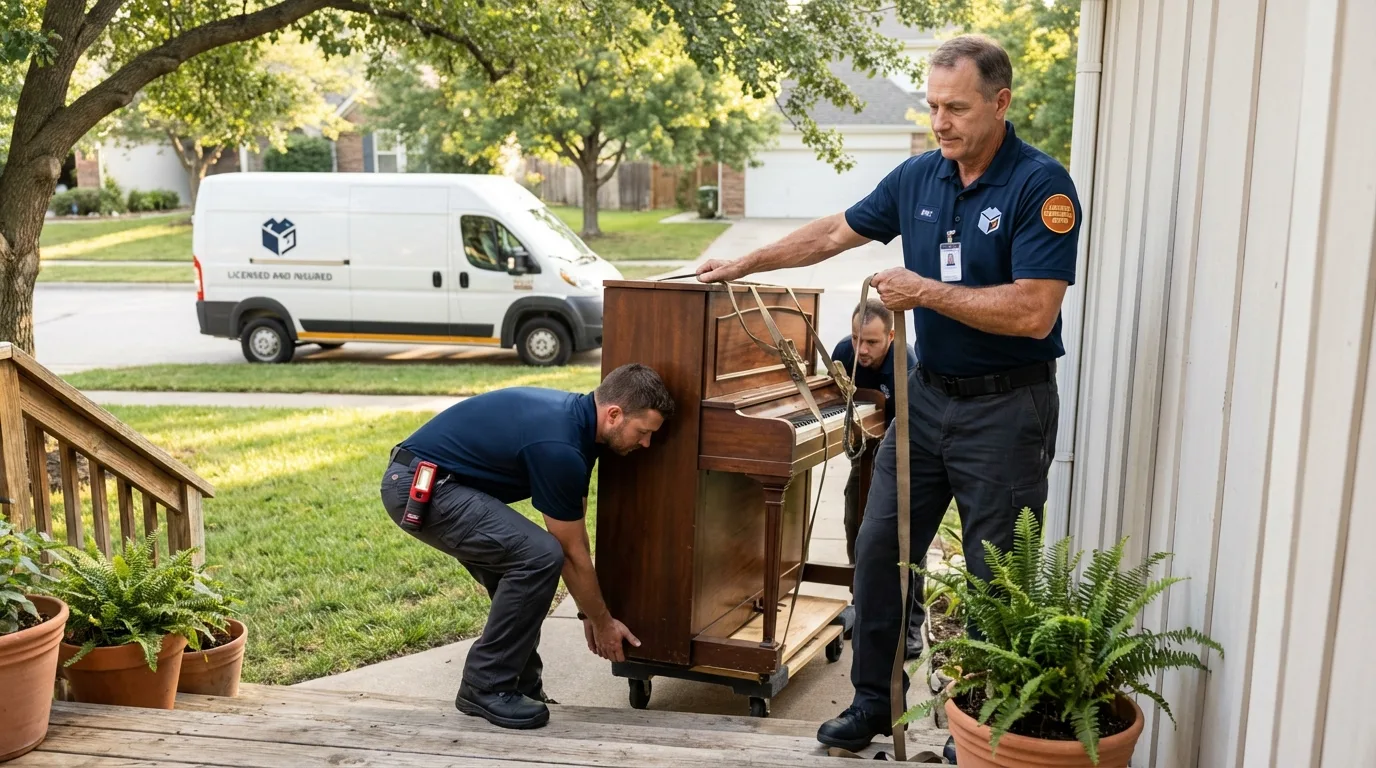Licensed piano movers securing grand piano in Okemah, OK