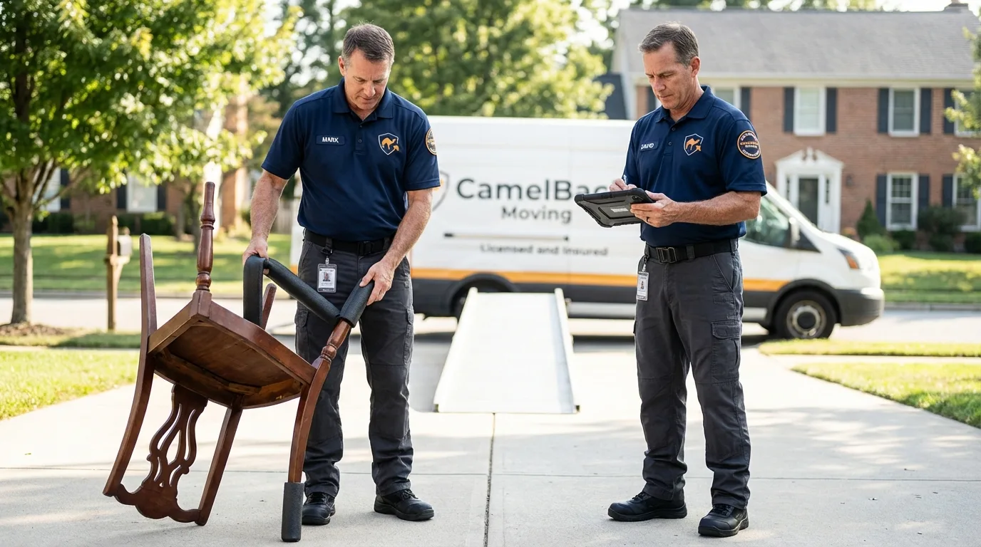 Movers inspecting furniture for damage prevention before loading in Okemah, OK