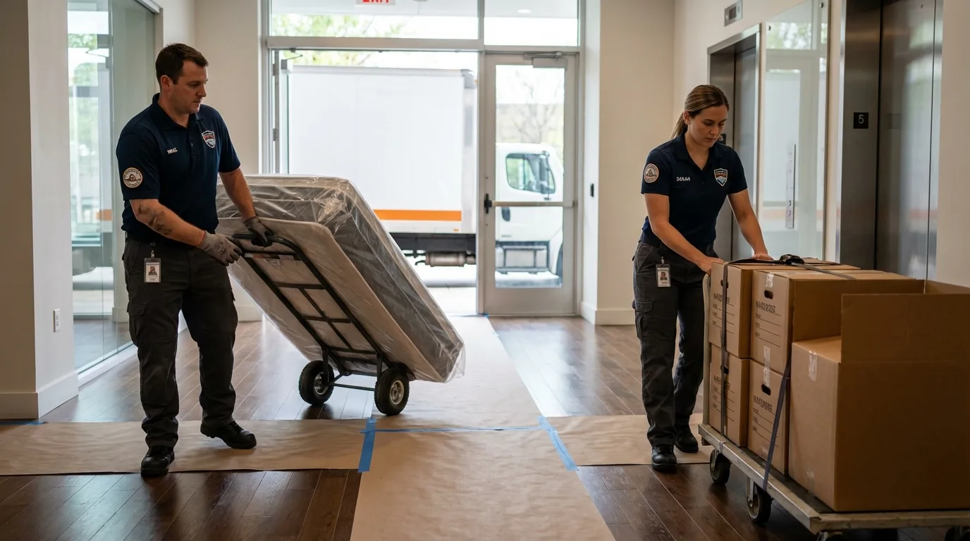 Professional apartment movers loading elevator in Okemah, OK