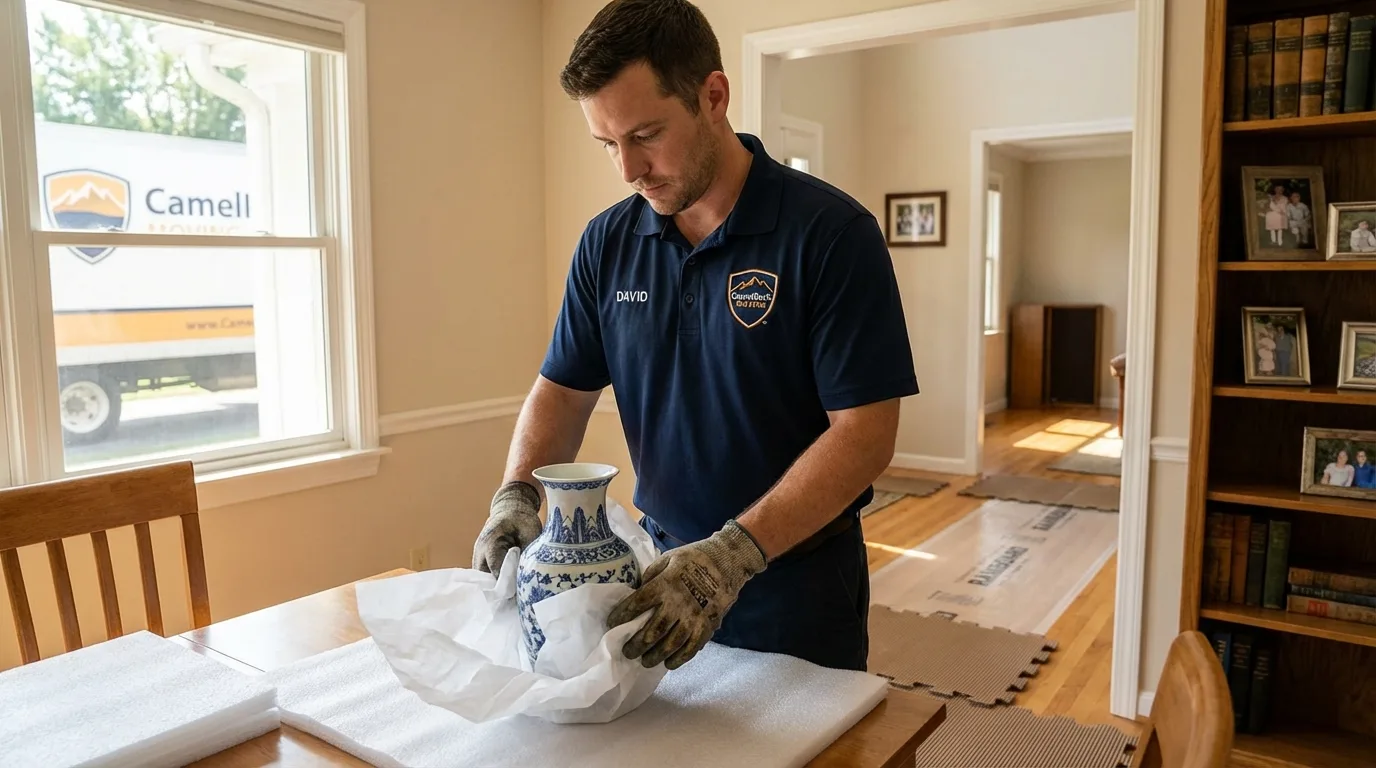 Professional crew carefully wrapping antique vase for senior downsizing move in Okemah, OK
